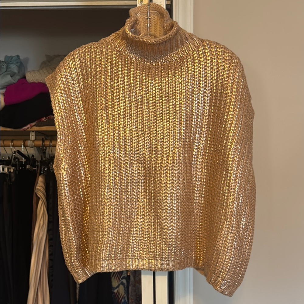 Glamorous Gold Cowl Neck Sweater with Chunky Knit/Sleeveless